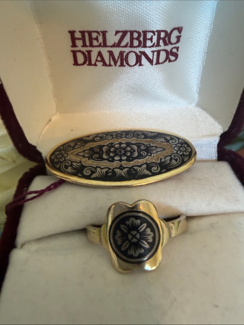 Vintage Russian Niello Blackness Gilded Enamel Floral Set Ring and Brooch